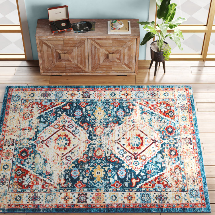 Mistana™ Chelvey Power Loom Performance Blue/Gold Machine Washable Rug